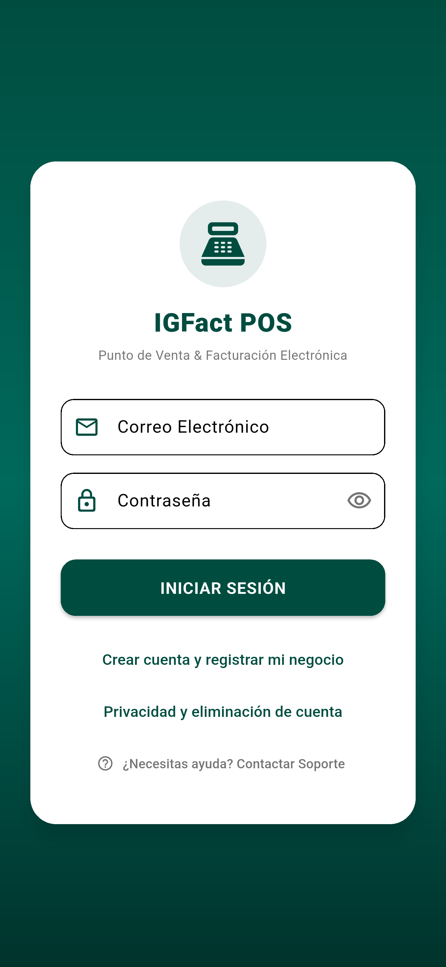 Pantalla real de IGFact POS: inicio de sesión y registro de negocio