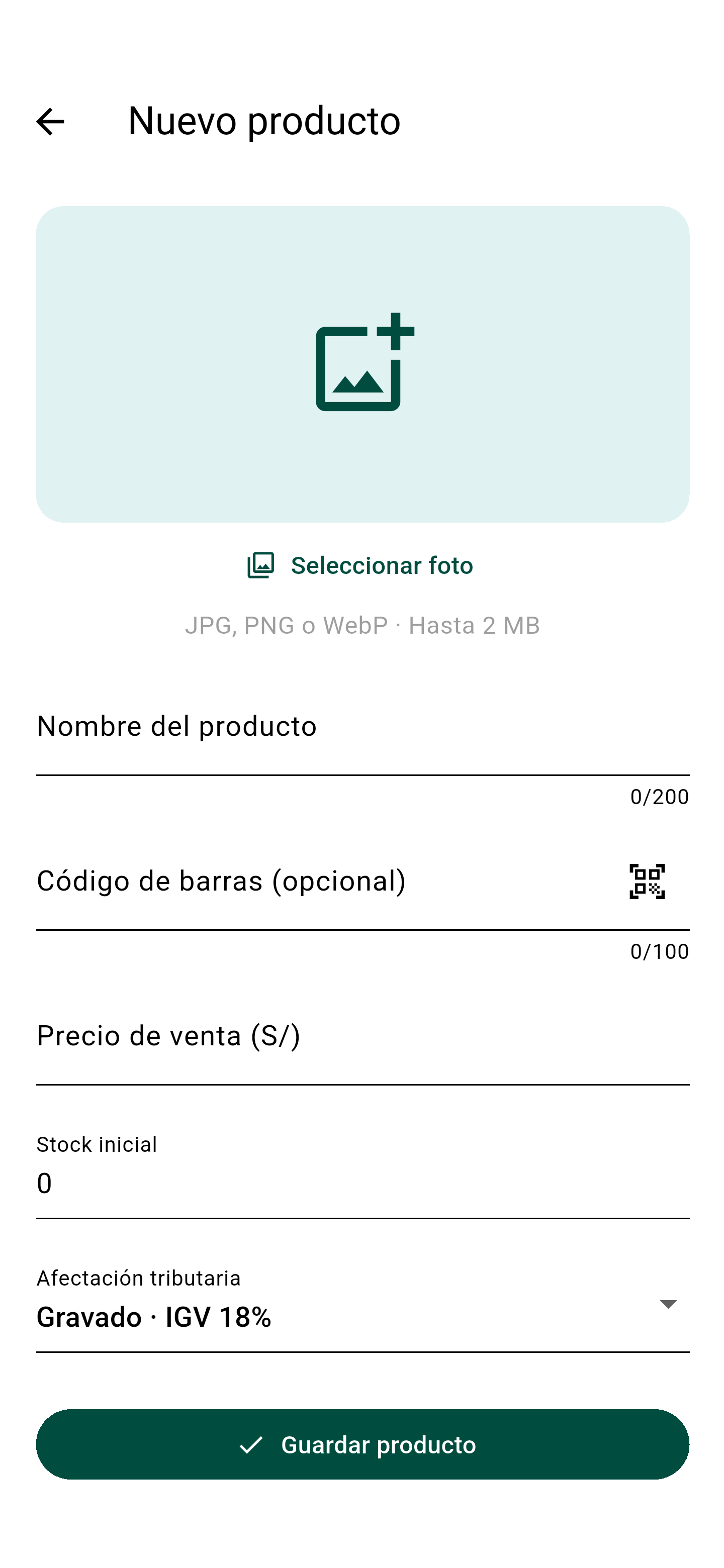 Pantalla real para crear un producto con foto, código de barras, precio, stock y afectación tributaria